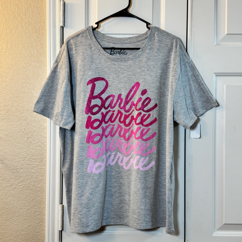 Barbie Ladies T-shirt Gray W/ Shades of Pink &‎ Glitter Sz Large Adult NEW